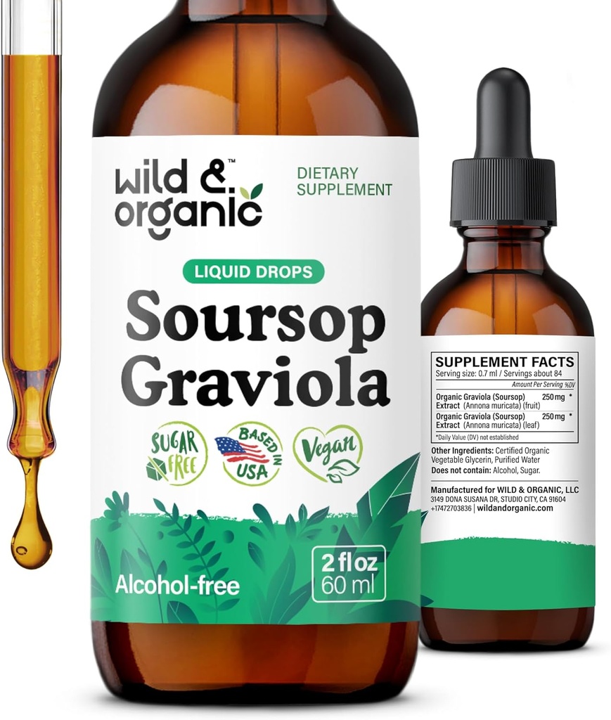Άγρια & οργανικά Soursop Graviola Liquid Drops - Φύλλα Guanabana & Βάμμα φρούτων Soursop για Αντιοξειδωτική Υποστήριξη - Graviola Leaf Extract Supplement - Vegan, Sugar & Alcohol-Free - 2 fl oz