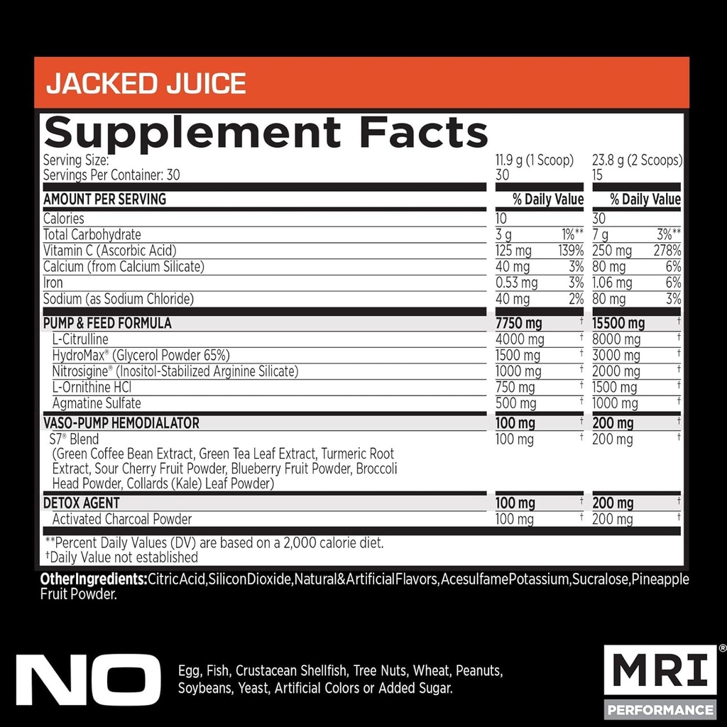 MRI NO2 Black Nitric Oxide Supplement for Pump, Mus Growth, Vasculality & Energy - Ισχυρή Stim-Free Προ-Workout με Κιτρουλίνη (30 σερβιέτες) (Jacked Juice)