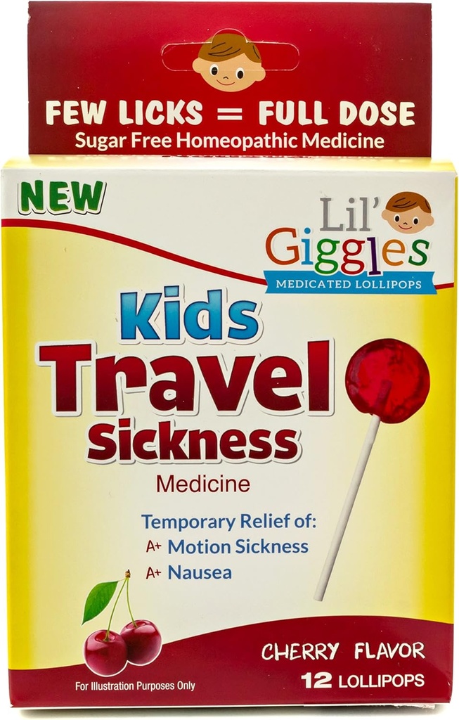 Lil' Giggles Kids Medicated Lollipops - Γλυκό απαλό ανάγλυφο για τα παιδιά και τη μη υπνηλία - για το αυτοκίνητο Ασθένεια, Ταξίδι Ναυτία & Κίνηση Ασθένεια Ανακούφιση - Ομοιοπαθητική Αναρρωτική Παιδική Αγάπη - Cherry Γεύση 12 CT