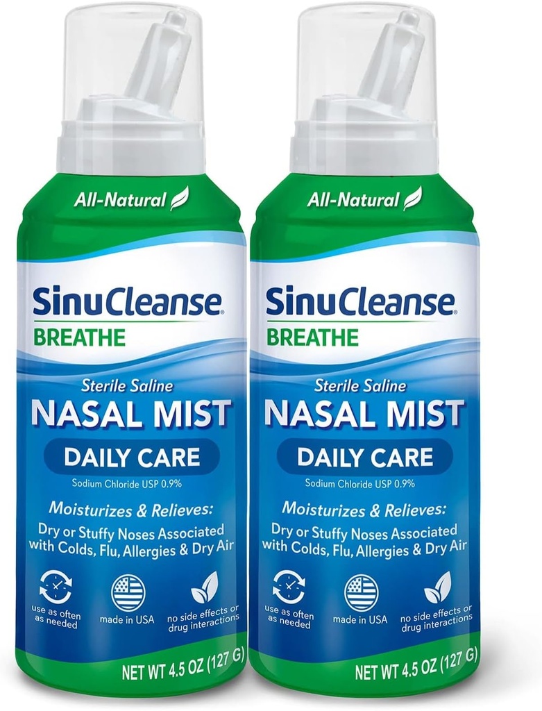 SinuCleanse Daily Care Sterile Saline Nasal Mix, Ultra Fine Mist, Instantly Moisturizes & Relieves Everyday Nasal Congestion Due to Colds & Kuru Air, 4.5 Oz (2 Pack), Made in USA