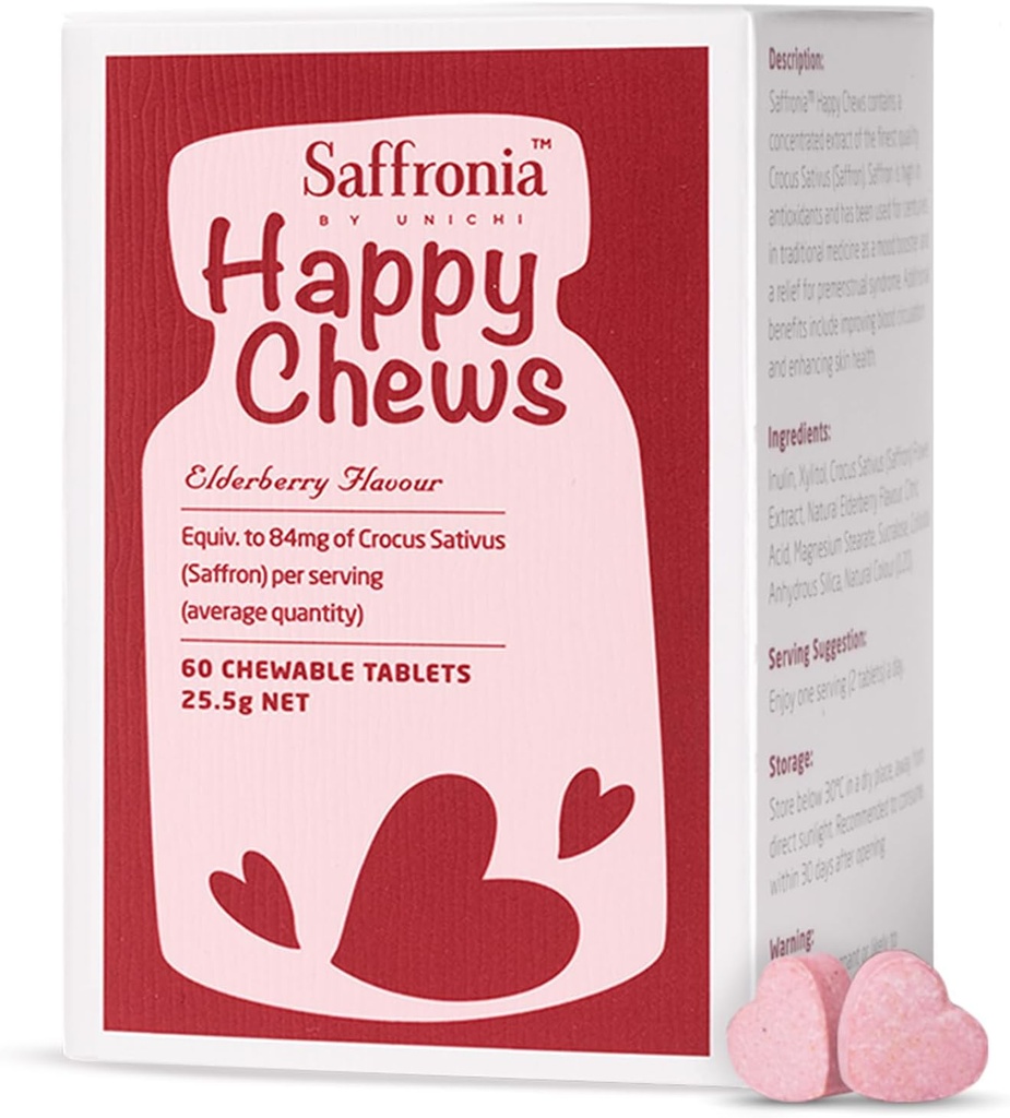 Unichi Saffronia Happy Chews, Mood Balance Support ve Stres Azaltılması için Saffron Supplement, Elderberry Flavour, 60 Tablets