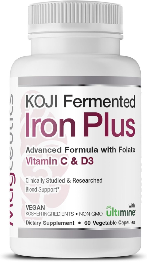 Koji Fermented Iron Plus - Vitamin C, Vitamin D3 ve Folate for Blood Support, Easy Absorbed and Bio available, Stomach Friendly, Vegan, Non-GMO - 60 Capsules