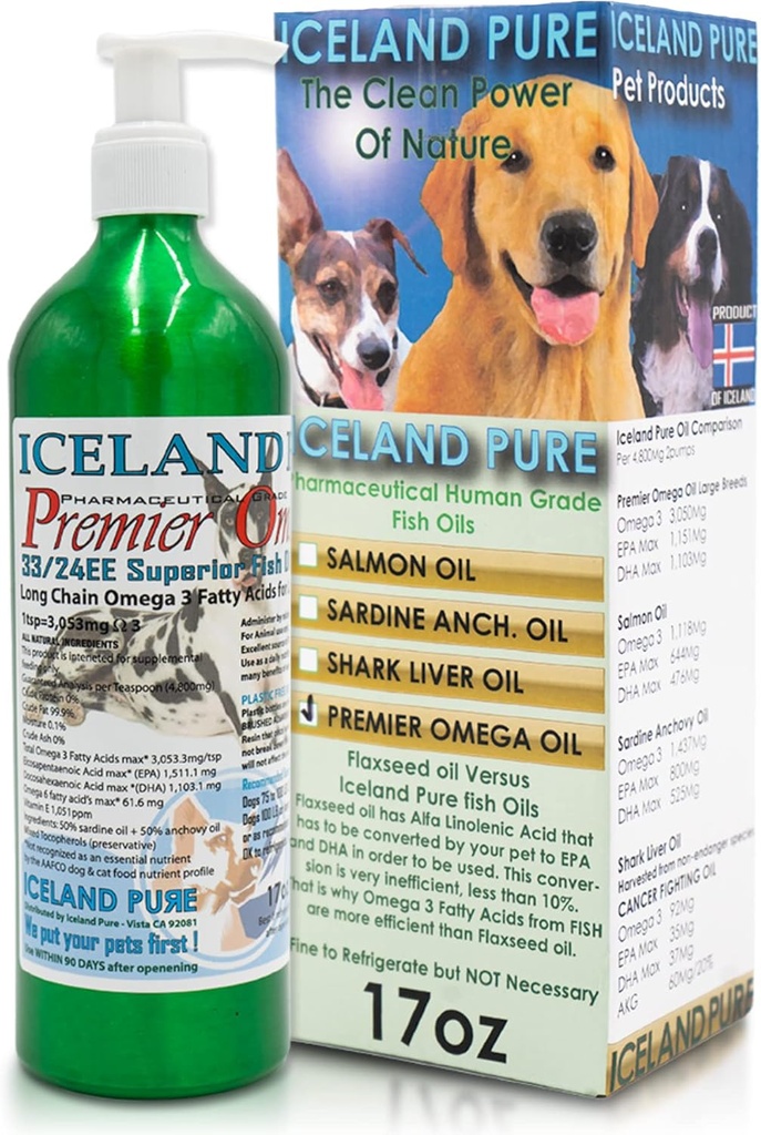 Premier Omega Fish Oil Supplement by İzlanda Pure | Wild Caught | 3053 mg of Omega-3 per çay başına | Büyük Köpek Breeds | Ethyl Ester Distillation | Pump Şişe Bildi