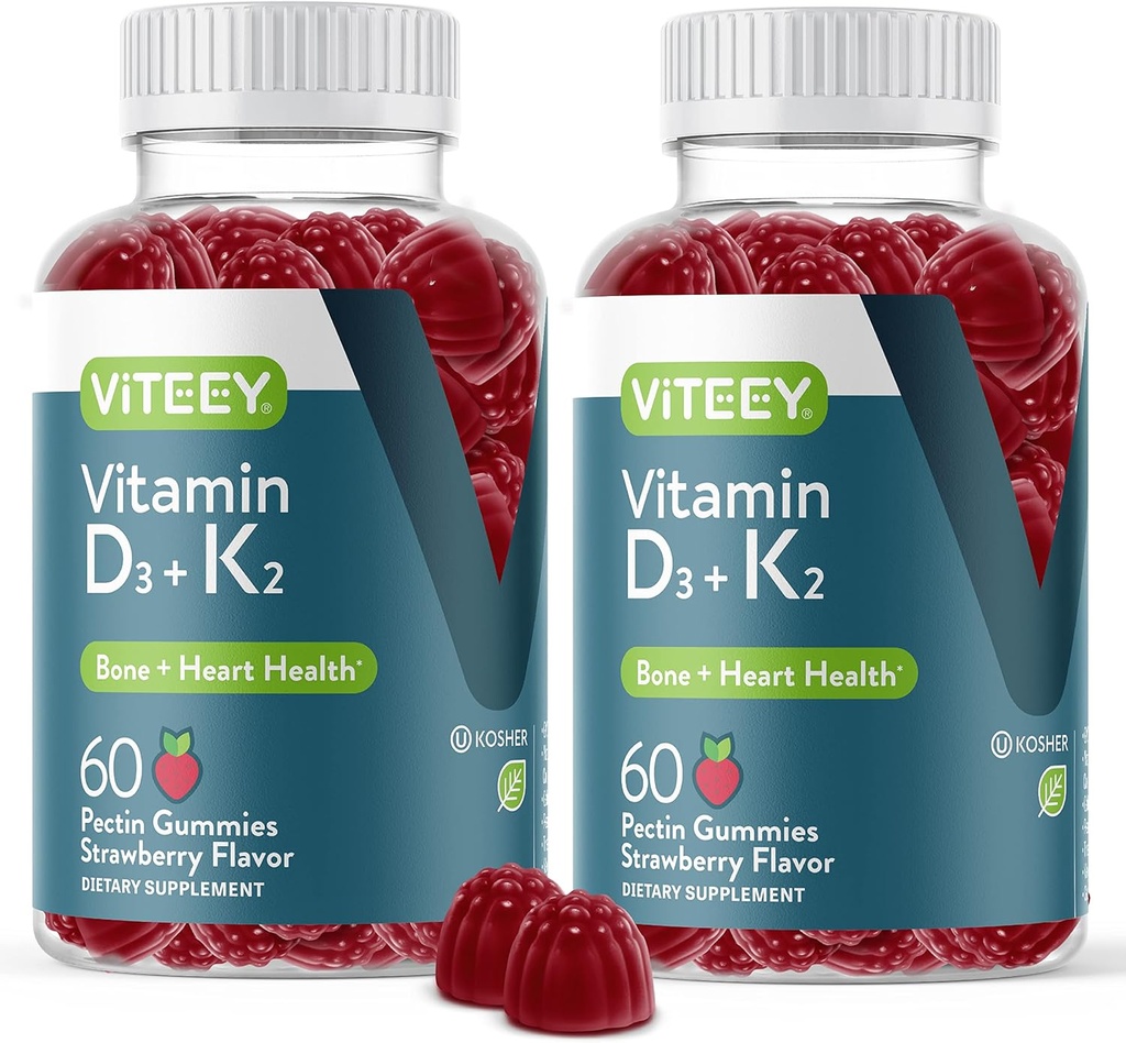 VITEEY Vitamin D3 K2 Gummies - 1000 IU Vitamin D3 ve K2 100mcg - Vejetaryen, Gelatin Free, GMO Free - Tasty Chewable D3K2s Strawberry Flavored Gummy