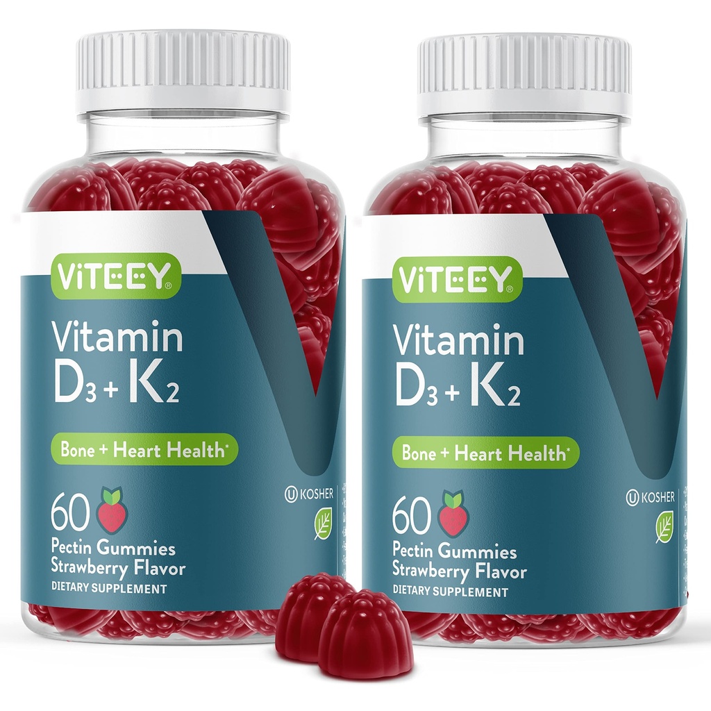 VITEEY Vitamin D3 K2 Gummies - 1000 IU Vitamin D3 ve K2 100mcg - Vejetaryen, Gelatin Free, GMO Free - Tasty Chewable D3K2s Strawberry Flavored Gummy