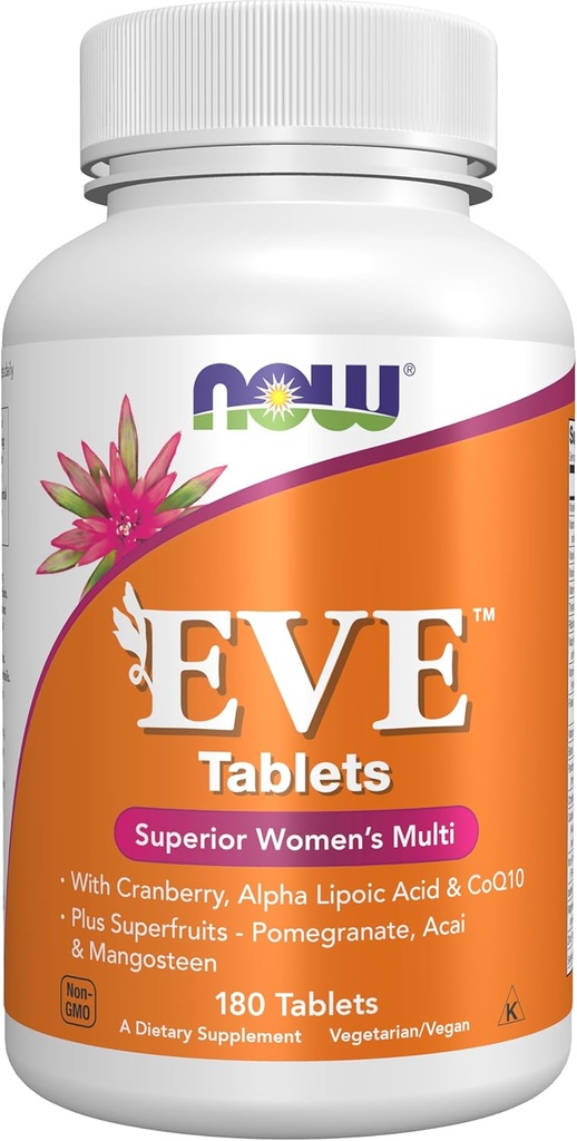 NOW Foods Supplements, Eve™ Women's Multivitamin with Cranberry, Alpha Lipoic Acid and CoQ10, plus Superfruits - Pomegranate, Acai & Mangosteen, 180 Tablets