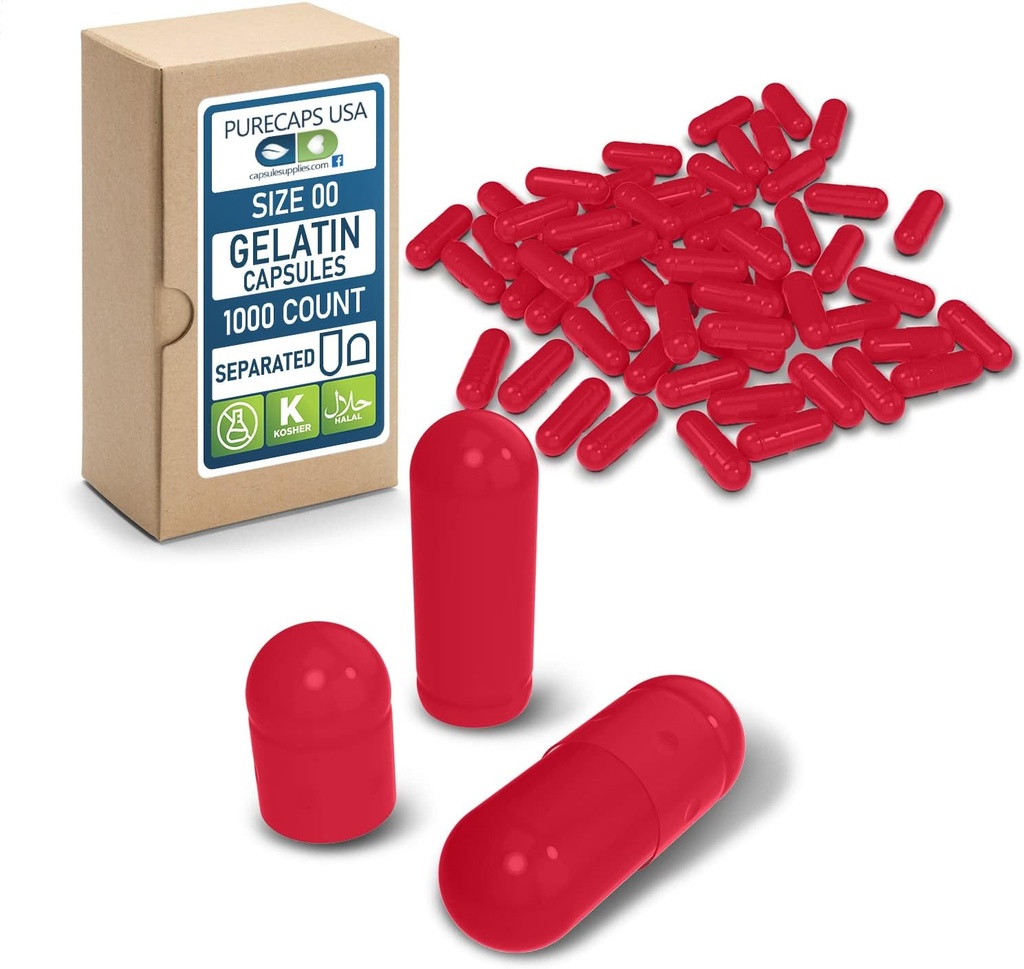 PureCaps USA - Boş Gelatin Capsules Boyutu 00 / 1000 Ayrılı Pills / Red| Non-GMO sertifikalı | SLS, Gluten, Preservative Free Free Free