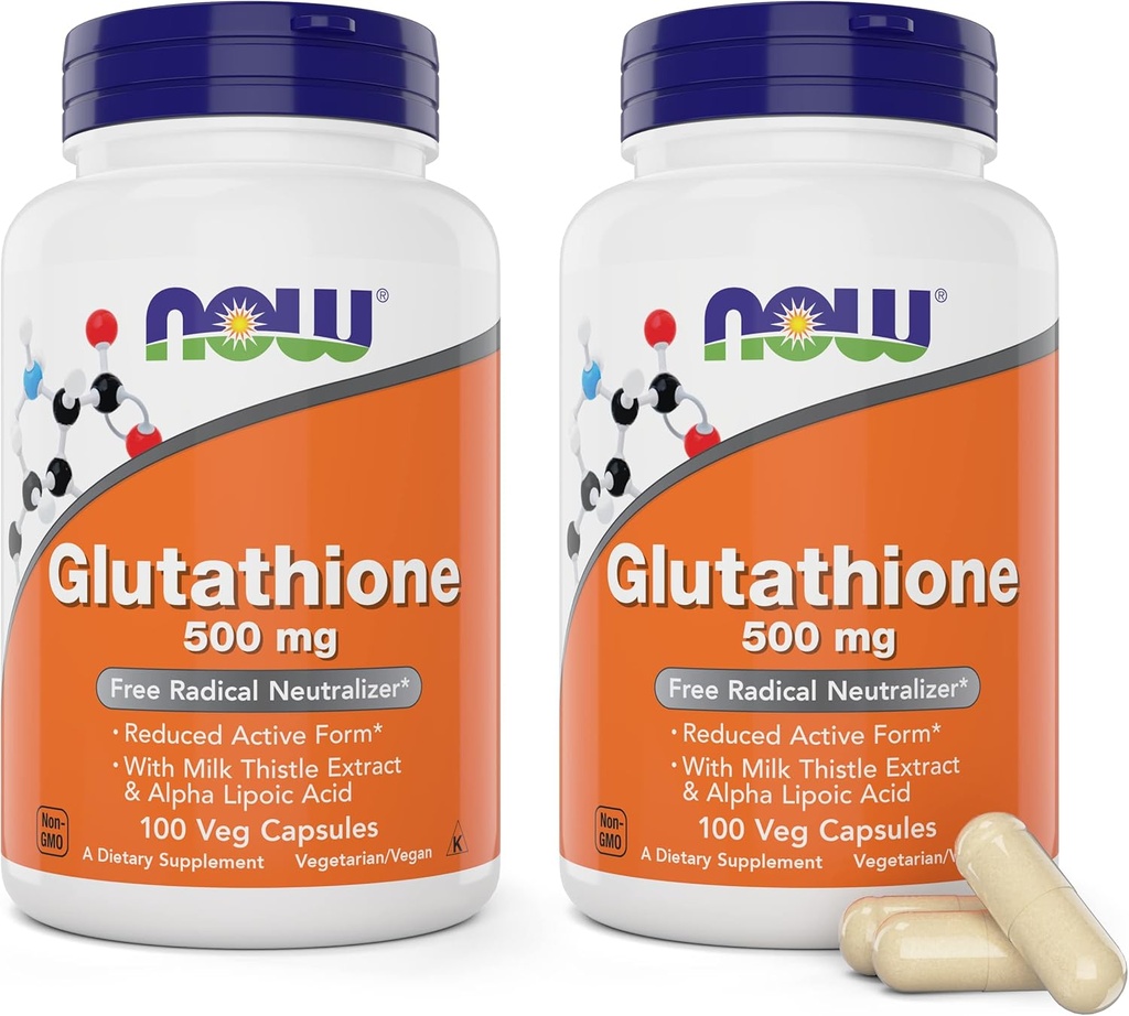 Now Glutathione 500 mg, 100 Vegan Capsules (Pack of 2) - Reduced Form GSH Supplement - Enhanced with Milk Thistle Extract and Alpha Lipoic Acid
