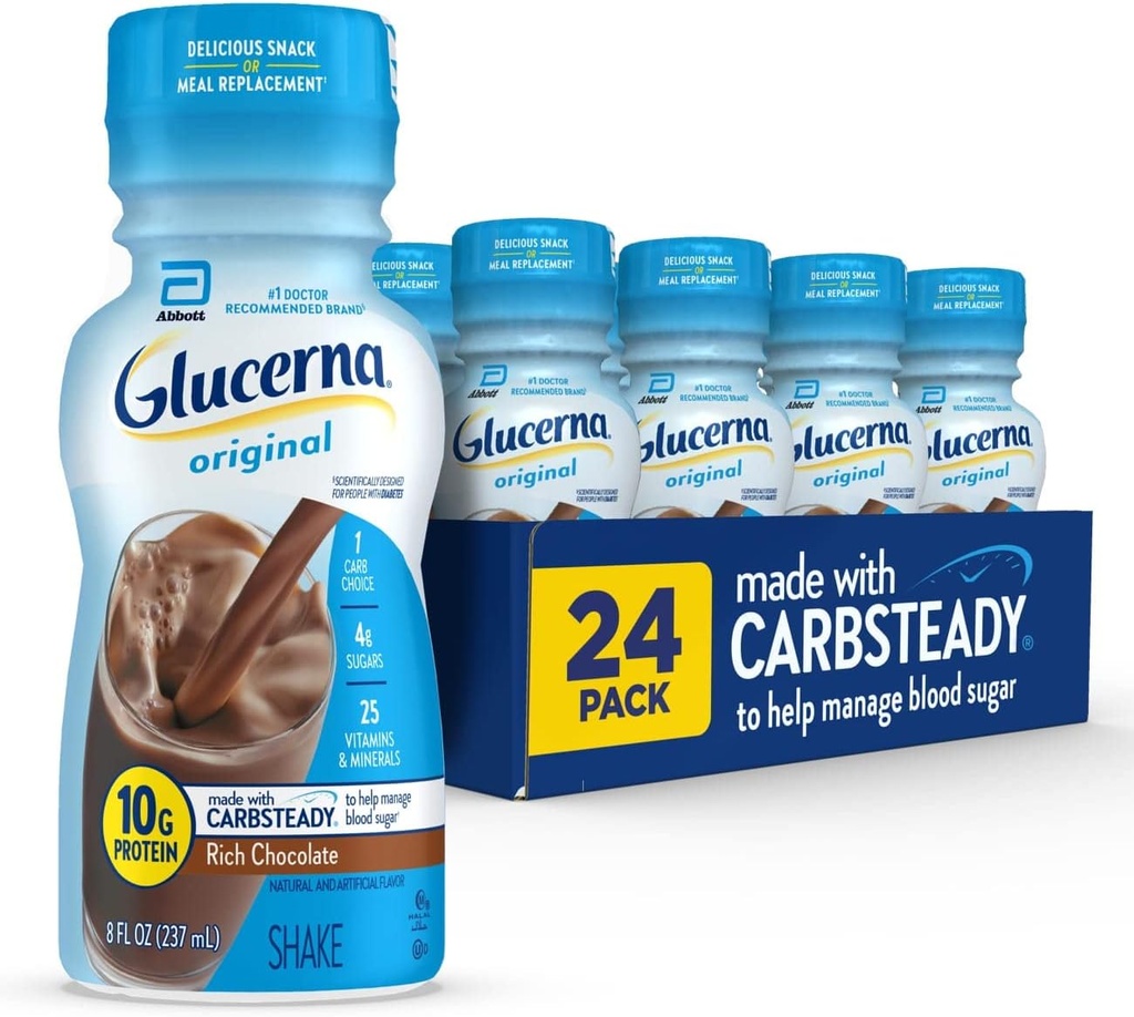 Glucerna Original Care Shake, Rich Chocolate, Diabetic Meal Change to Support Blood Sugar Management, 10g Protein, 180 Calories, içmeye hazır, 8-fl-oz Şişe, 24 Pack