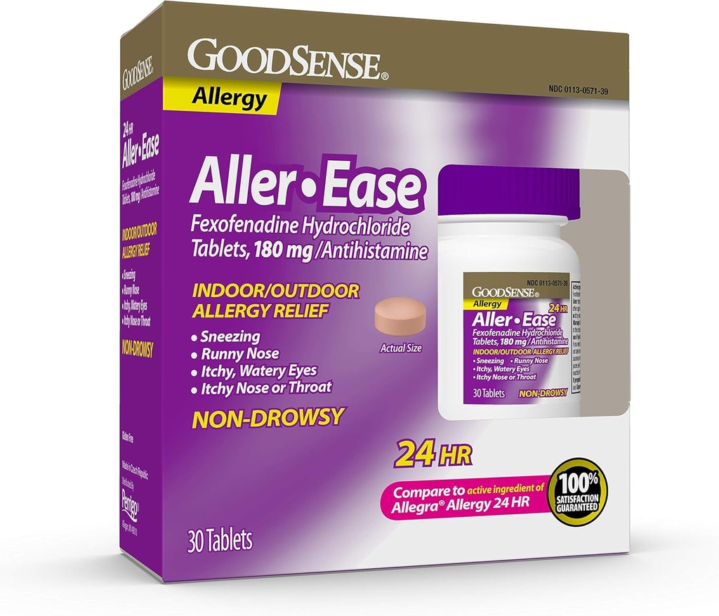 GoodSense Aller-Ease - Fexofenadine 180 180 mg Tablet - 24 Saat Kapalı ve Açık Yardım için Alerji ilacı, 30 Count Count