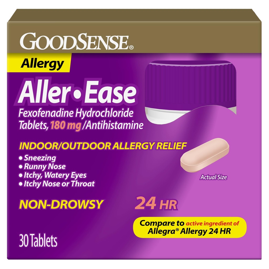 GoodSense Aller-Ease - Fexofenadine 180 180 mg Tablet - 24 Saat Kapalı ve Açık Yardım için Alerji ilacı, 30 Count Count