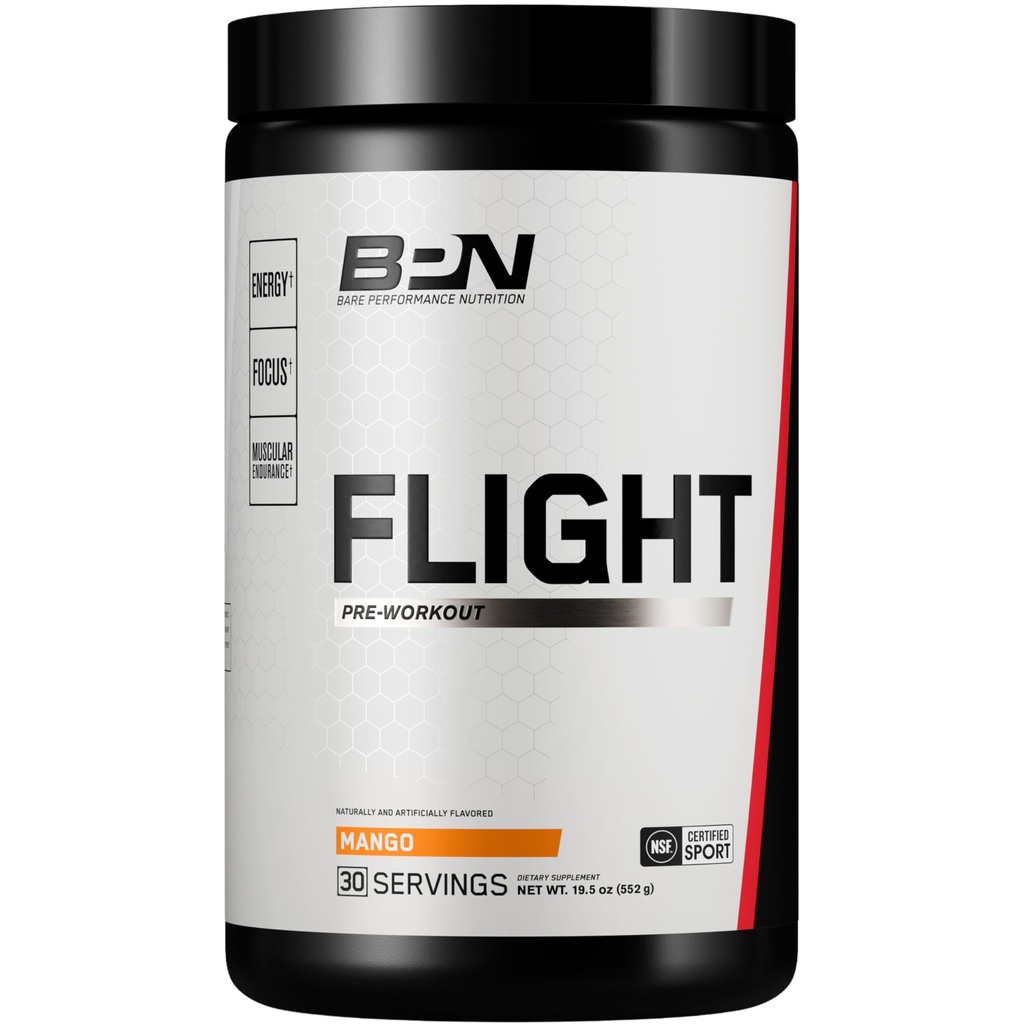 BARE PERFORMANCE NUTRITION BPN Flight Pre Workout, Supports Energy and mental Focus, CarnoSyn® Beta Alanine, Mango, 30 Servisler