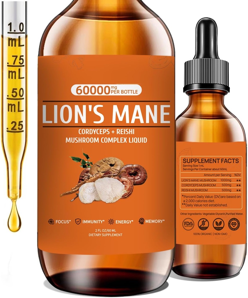 Lions Mane Mushroom Supplement for Memory, Focus & Clarity, Mushroom Supplement with Lion's Mane, Cordyceps, Reishi for Natural Immune Support, Non-GMO, Vegan, Up to 2 Ay Supply