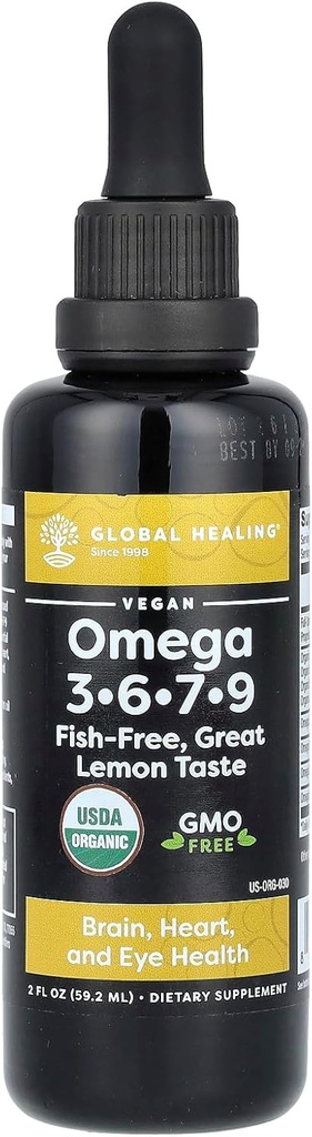 Global Healing Organic Omega 3 6 9 ve 7 (Seaberry CO2 Extract) - Fish-Free, Non-GMO Omega 3 Supplement for Women & Men, Contains Perilla Seed & Flaxse Oil - Fish Oil Alternative - 2 Fl Oz