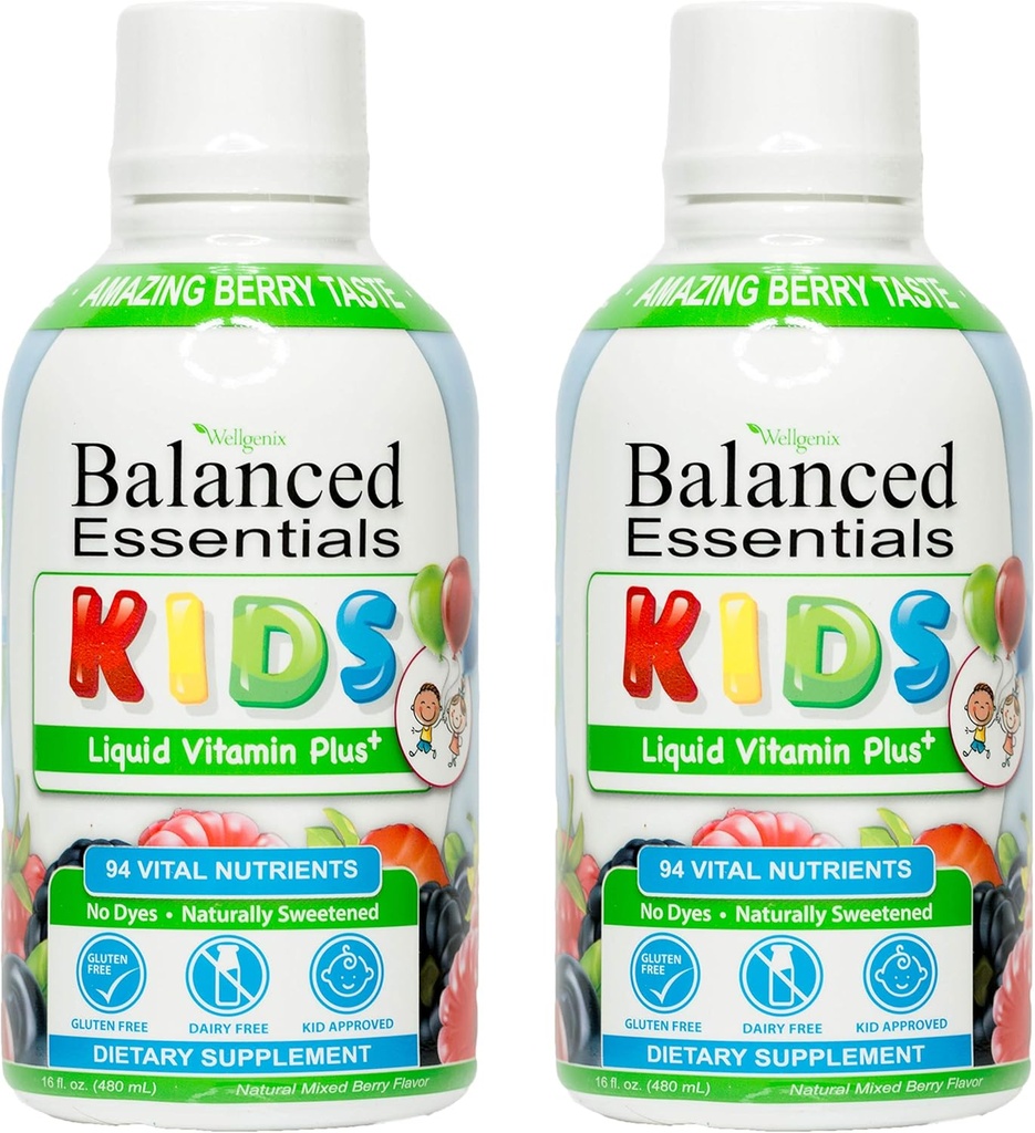 Wellgenix Balanced Essentials Kids Liquid Vitamin - Picky Eaters için Beslenme Çokvitamin - Çocuklar Immune Boost & General Health -16oz (Pack of 2)