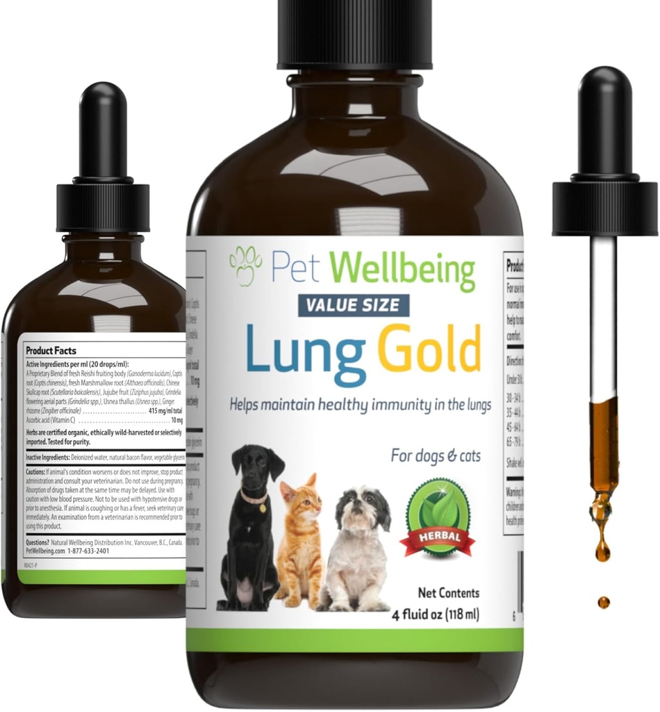 Pet Wellbeing Lung Gold για σκύλους & γάτες - Vet-Formulated - Πνεύμονα & αναπνευστικό ανοσοποιητικό υποστήριξη, Open Airways, Easy Breathing - Φυσικό συμπλήρωμα βοτάνων 4 oz (18 ml)
