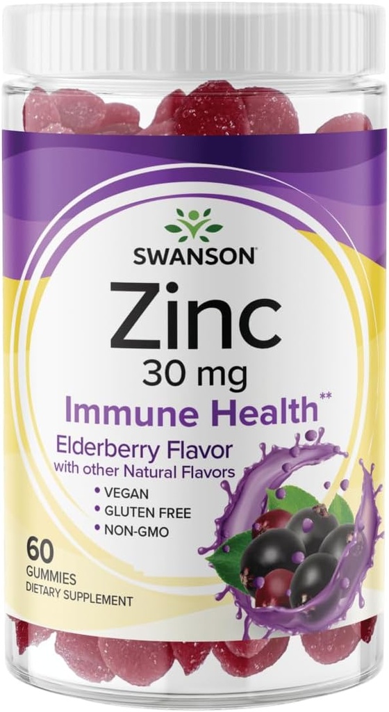 Swanson Zinc Gummies - All Natural Vitamin Supplement Promotion Antioxidant Activity & Bodily Defense - Βοηθά στην υποστήριξη του ανοσοποιητικού σας συστήματος & ενός υγιούς σώματος - (Elderberry, 60 Gummies)