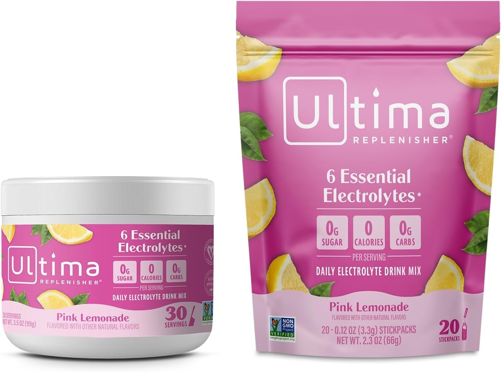 Ultima Replenisher Electrolyte Toz İçecek Mix Sche – Sugar Free – Pink Lemonade, 30 Canister ve 20 Stickpacks – 6 Electrolytes and Minerals – Keto Friendly, Vegan, Non-GMOMO