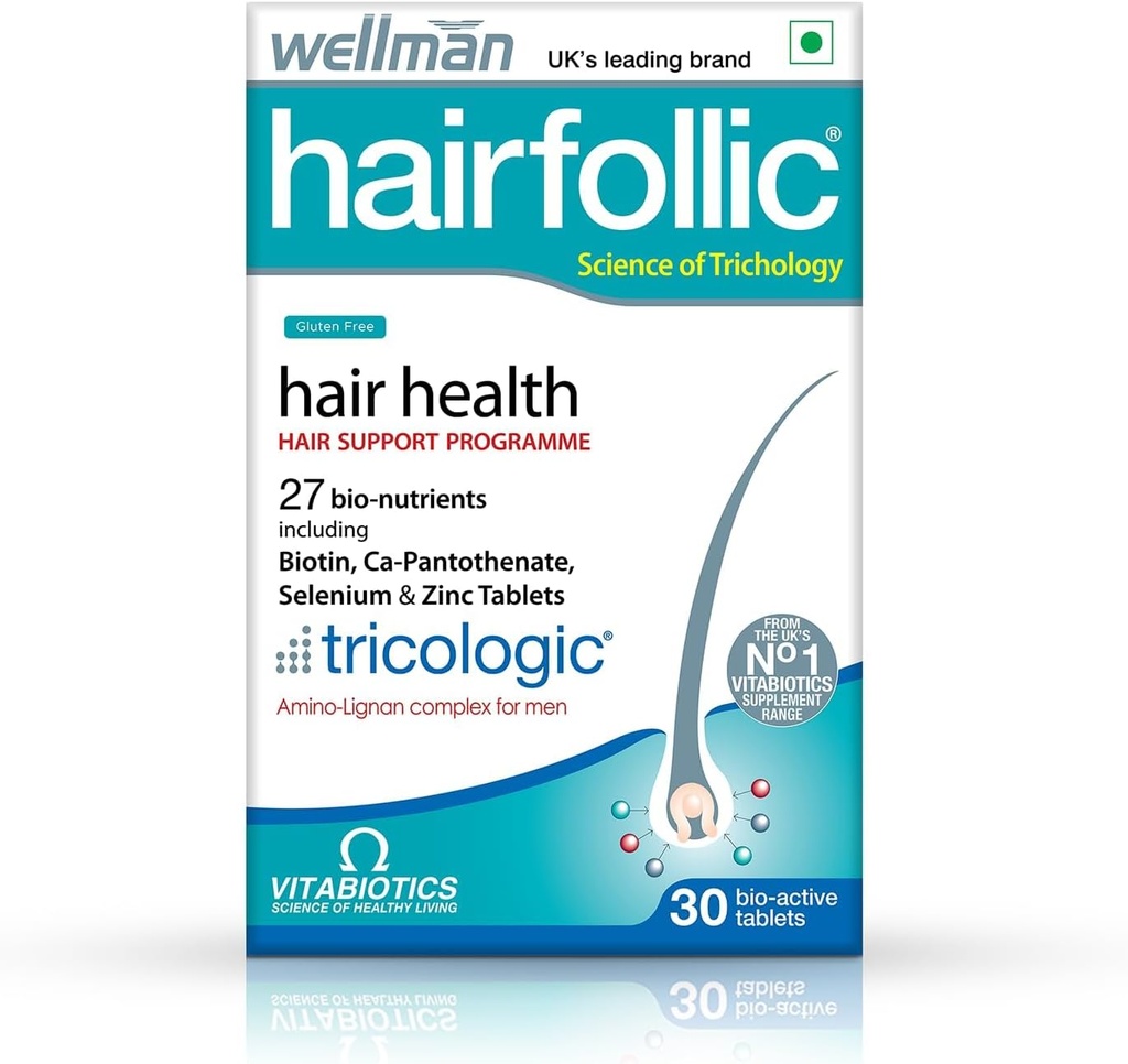Wellmaan Hairfollic Hair Supplements for Men with çinko, Selenium, lignans Saç Büyümesini Destekler Saç Köklerine Güç Sağlıyor | Vejetaryen 30 Tablet