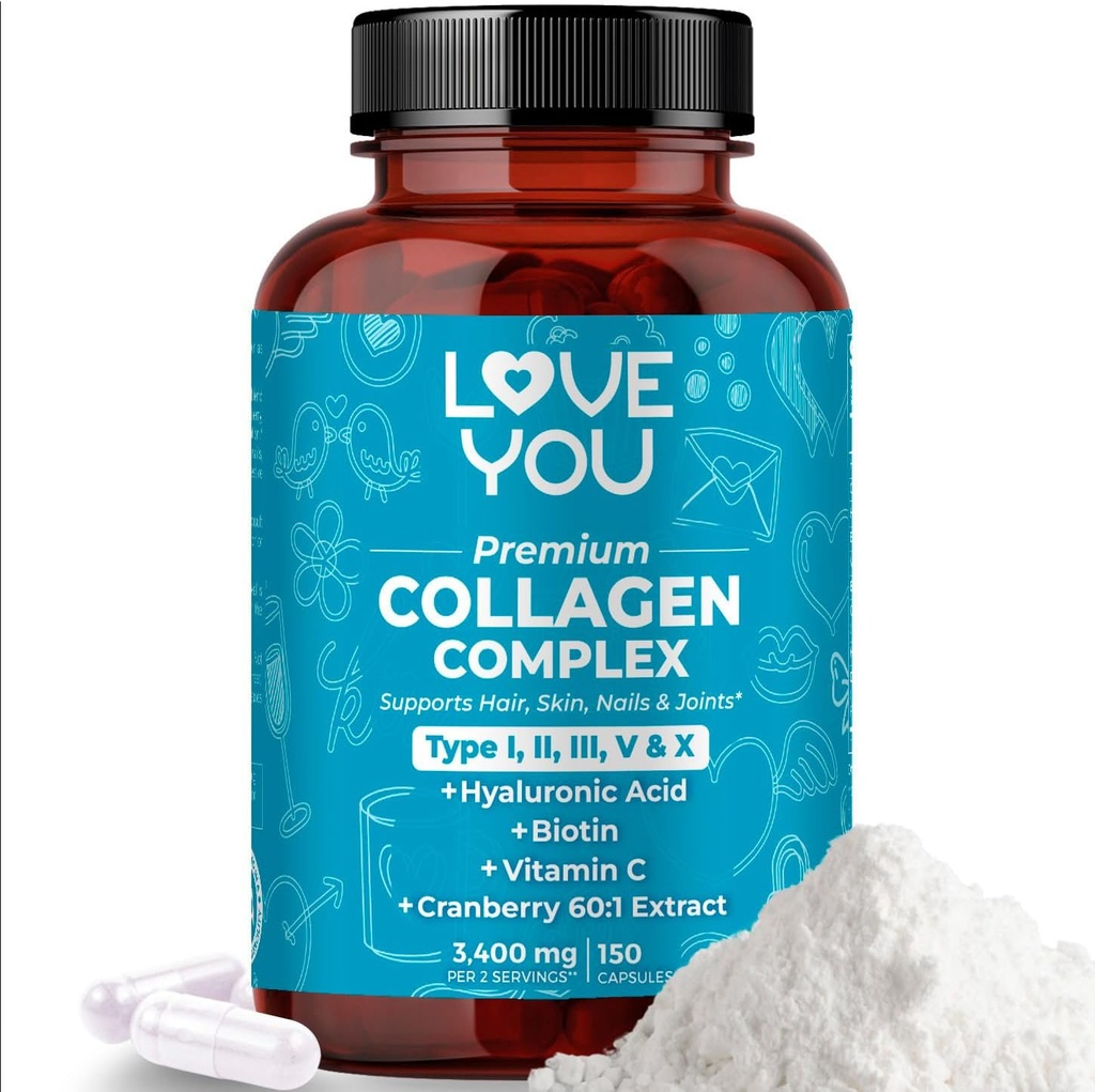 Love You Premium Collagen Kompleksi – Tip I, II, III, V & X – Saç, Cilt, Çiçeği, Ortaklar ve Gut Desteği – Hydrolyzed Bovine Collagen, – Grass-Fed, Non-GMO, 120 Capsules, USA Made