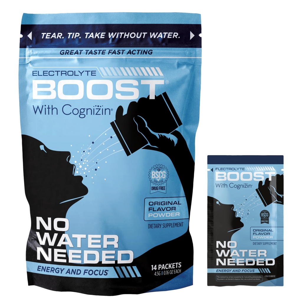 Electrolyte Powder Packets with Cognizin Take Without Water, Hydration Extending Supplement, No Sugar, No Stevia, No Caffeine, No Water Needed, Dissolves in Mouth, 14 Pack