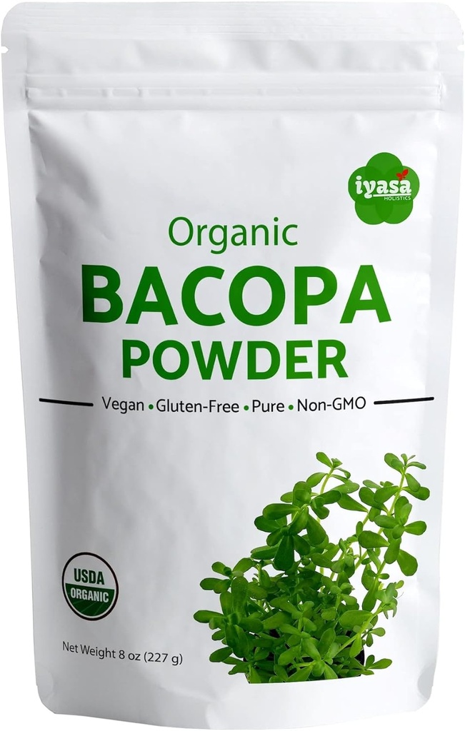 Iyasa Holistics Organic Bacopa Toz (Brahmi Leaf), sertifikalı Organik Ayurveda Superfood, Saç ve Beyin Tonic, Resealable Pouch of 8 ozzz