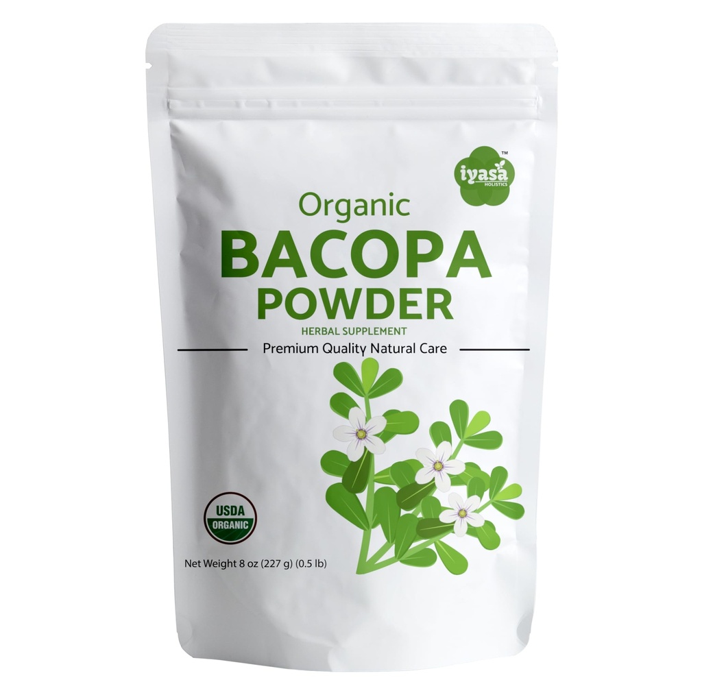 Iyasa Holistics Organic Bacopa Toz (Brahmi Leaf), sertifikalı Organik Ayurveda Superfood, Saç ve Beyin Tonic, Resealable Pouch of 8 ozzz
