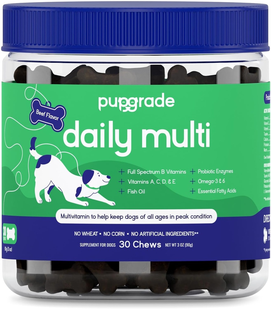 PupGrade Daily Multivitamin for Dogs - All-in-One Supplement for Digestive, Immune, Skin and Coat Health - 32 sağlıklı Nutrients, Probiyotik Enzymes, Omega Fish Oil, A, C, D & E - 30 Soft Chews