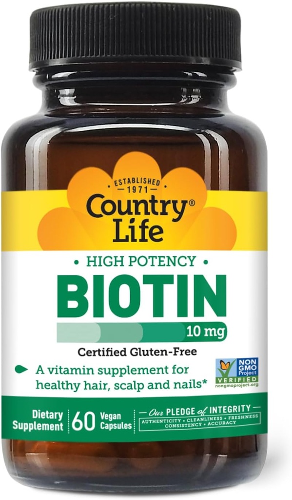 Ülke Yaşam Vitaminleri Yüksek Potency Biotin 10.000 mcg (10 mg), 60 Kont - Saç için Tamam, Scalp & Nails - Sertifikalı Gluten Free