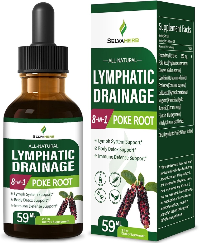 Lymphatic Drainage Drops for Lymph System Support, Body Detox & Immune Defense Support Herbal Supplements with Poke Root (Phytolacca Americana) Cleavers Dandelion Echinacea Extract.