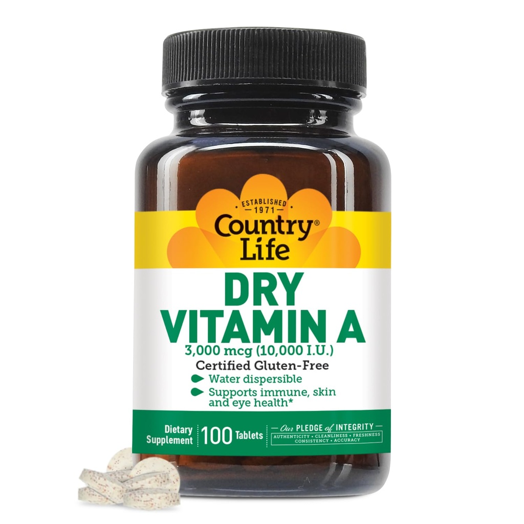 Country Life Vitamin A 10. 000 IU - Immune Support, Skin & Eye Health Supplement, Certified Gluten- Free, Vegan, Hahal, Kosher, 50% Beta- Carotene & 50% Retinyl Palmitate, Εύκολη Απορρόφηση - 100 δισκία