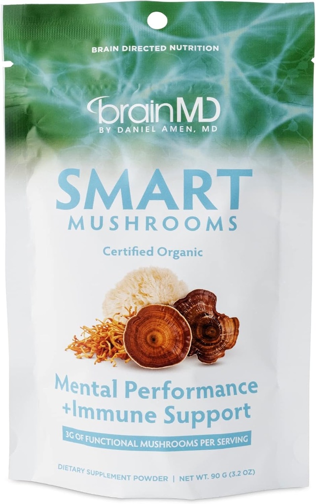 BRAINMD Dr Amen Smart Mushrooms - 3.2 oz - Zihinsel Performans + Immune Support - Vegan, GMO Free, Gluten Free - 30 Hizmet