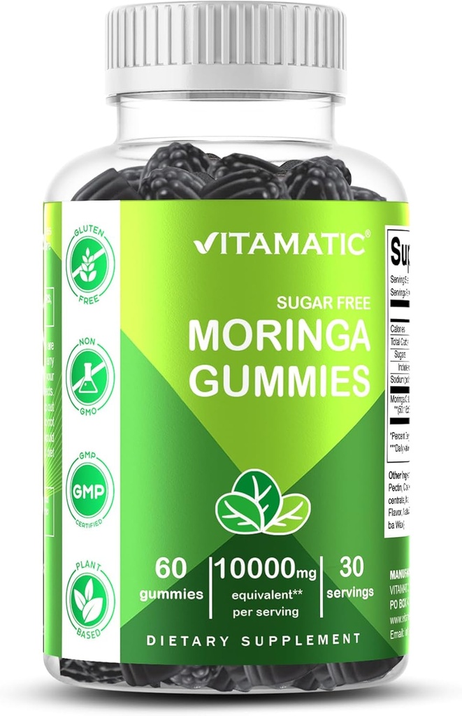 Vitamatic Sugar Free Moringa Gummies - Servis başına 10.000 mg Equivalent (50 mg of 50:1 Extract) – Green Superfood Supplement – 60 Pectin-Based Vegan Gummies – No Sugar Eklenmedi