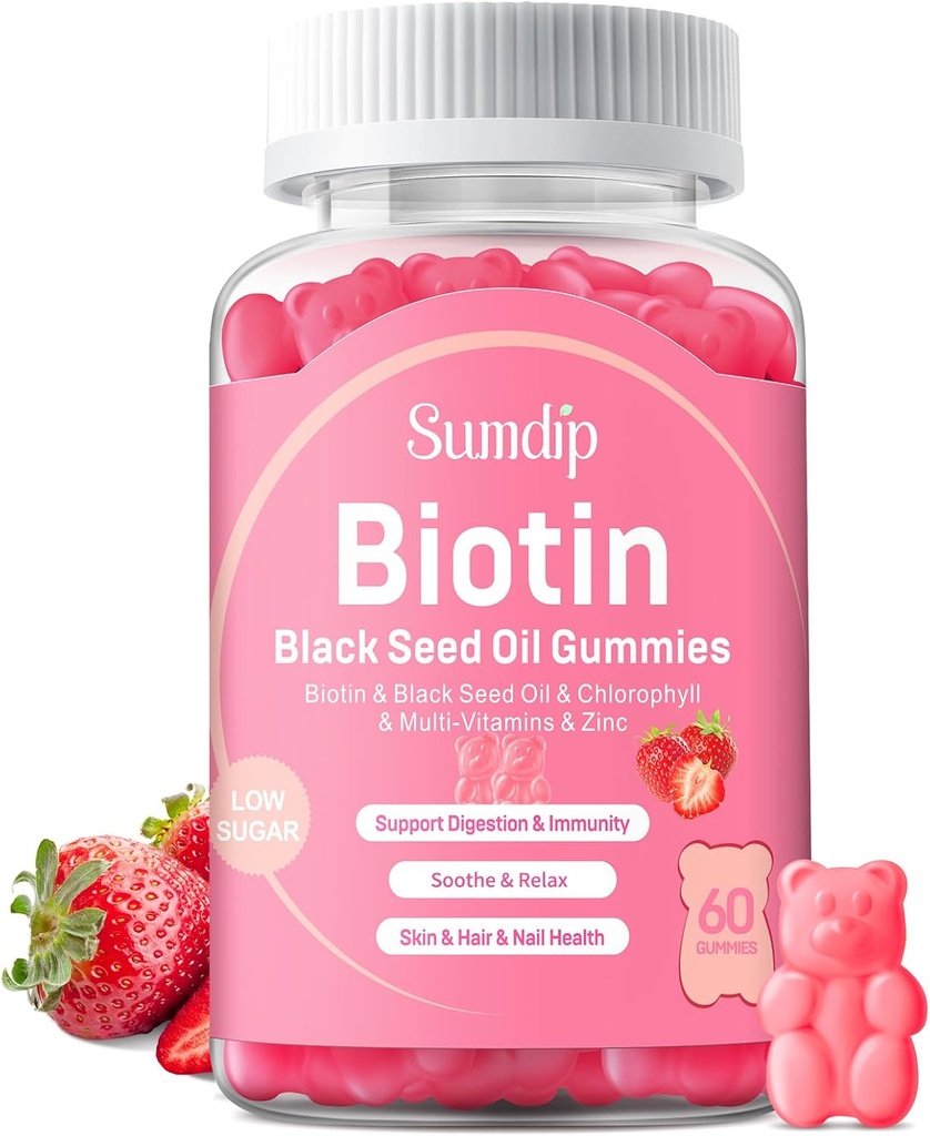 Black Seed Oil Gummies with Biotin, Immune Support Health Hair&Skin&Nails for Women and Men, Chlorophyll, çinko, A, B6, B12, C, D, E, Vegan Supplement - 60 Gummies