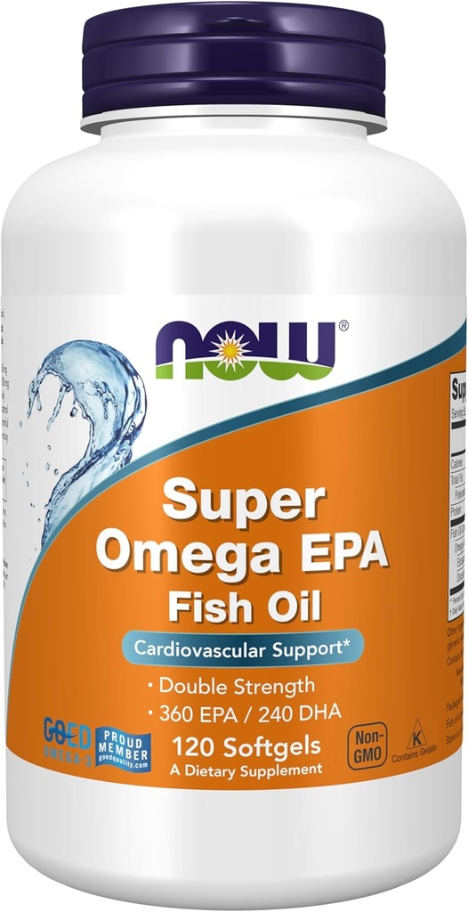 NOW Συμπληρώματα τροφίμων, Super Omega EPA, 360 EPA / 240 DHA, Μοριακά Αποσταγμένο, Καρδιαγγειακή Υποστήριξη*, 120 Softgels