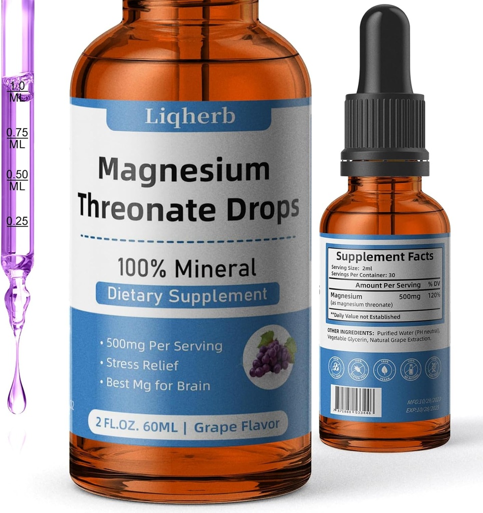 Μαγνήσιο Thereonate Liquid 500mg, για ενήλικες &Kids, βάση γλυκερίνης λαχανικών με καλύτερη διάλυση, Best Mg για την υγεία του εγκεφάλου, το άγχος και την ανακούφιση των μυών, Nerve Health, μη GMO, χωρίς γλουτένη, Vegan, 2 FL.OZ.