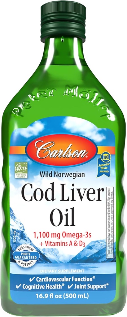 Carlson - Cod Liver Oil, 1100 mg Omega-3s, Wild-Caught Norveç Arctic Cod-Liver Oil, Sustainally Sourced Nordic Fish Oil Liquid, Unflavored, 500 ml (16.9 Fl Oz)