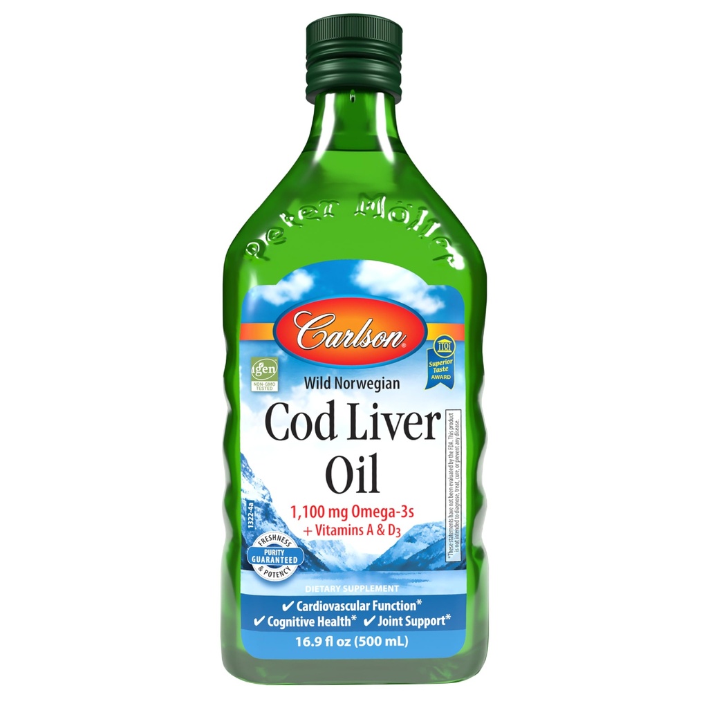 Carlson - Cod Liver Oil, 1100 mg Omega-3s, Wild-Caught Norwegian Arctic Cod-Liver Oil, Sustainablely Sourced Nordic Fish Oil Liquid, Unflaved, 500 ml (16,9 Fl Oz)