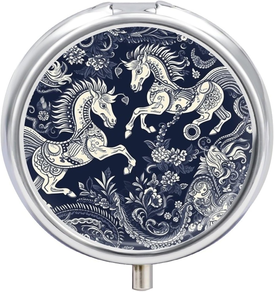Round Pill Box Chinese Horse Pattern Printed 3 Compartment Small Pill Case Portable Travel Pill Container to Hold Supplements Vitamins Fish Oil Medication
