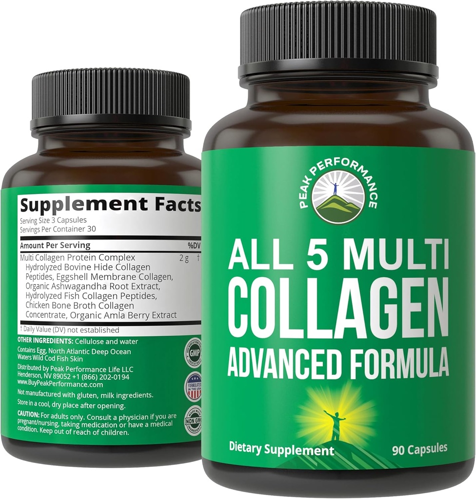 Peak Performance All 5 Multi-Collagen Capsules 90 Pills of Grass I protein. with All 5 Collagen types I, II, III,V, X. Grass Fed Beef, Fish, Chicken, Bone Broth Supplement