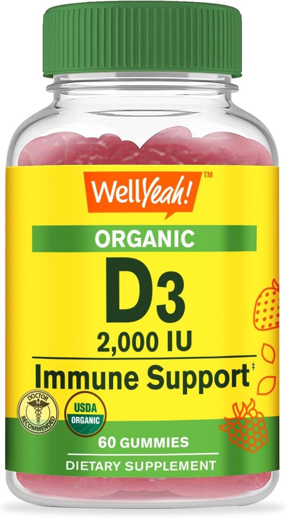 WellYeah Organic Vitamin D3 2.000 IU (50 mcg) Gummies - Υποστηρίζει τα οστά, τη μυϊκή δύναμη και την ανοσία - Μη ΓΤΟ, Χωρίς γλουτένη - USDA Organic - Φυσικές Γεύσεις - 60 Gummies