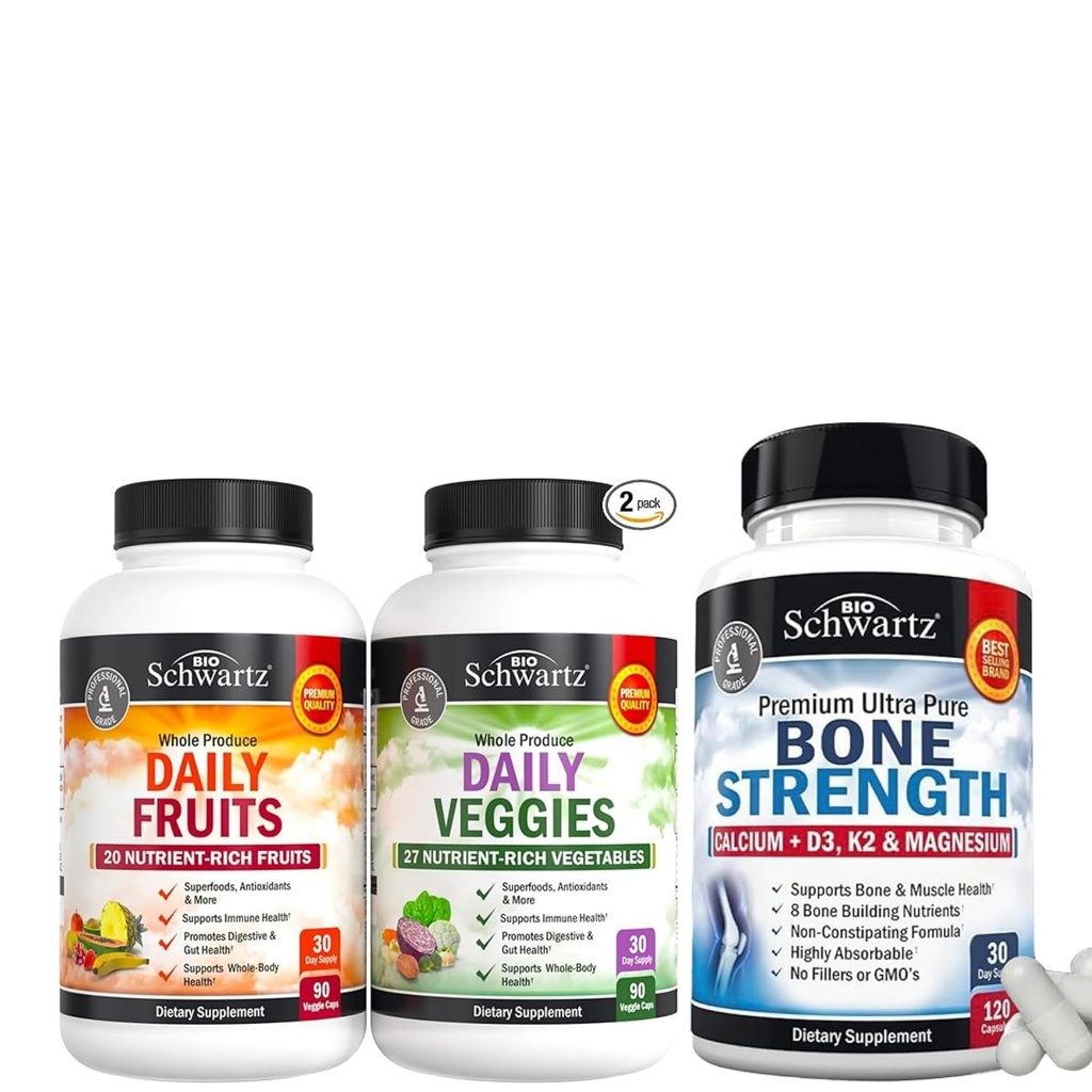 BioSchwartz Daily Fruits and Veggies Supplement for Women and Men (1Ay Supply) Plus Bone Strength Mineral Supplement withdis and Magnezyum (1 Ay Supply)