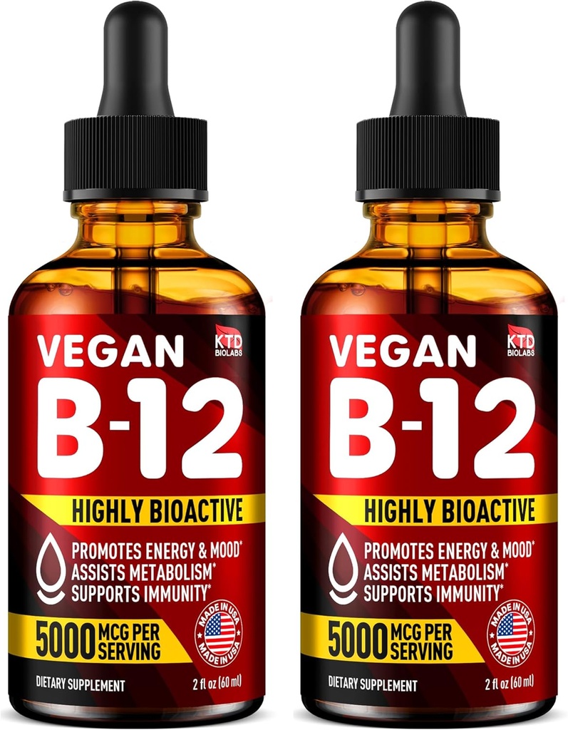 Συσκευασία των 2 - B12 Υπογλώσσιες σταγόνες 5000 mcg - Made in USA - Vegan B12 Βιταμίνες για την ενέργεια, Mood & Memory - Εξαιρετικά βιοδιαθέσιμες υπογλώσσιες σταγόνες - Methylcobalamin για γυναίκες και άνδρες - 2 fl. oz.