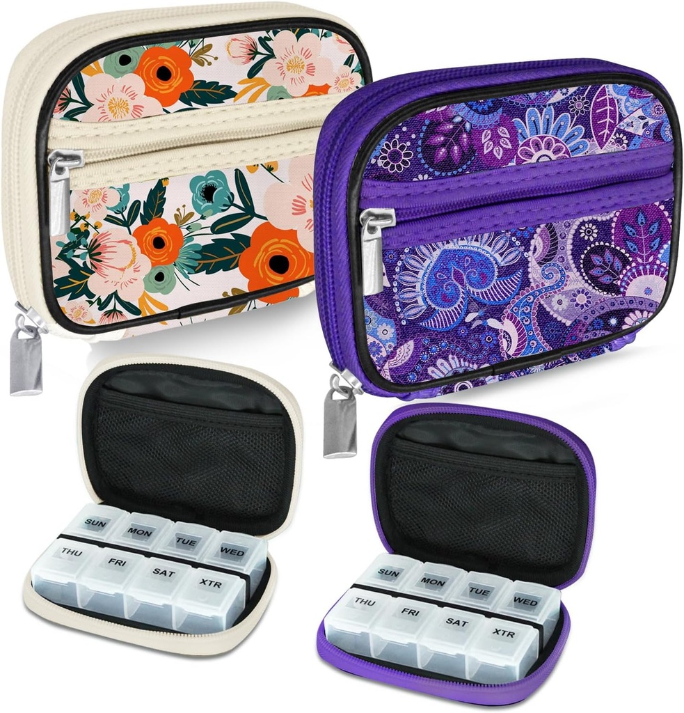 Serfeymi Weekly Travel Pill Organizer Pill Case for Purse with Reforce 7 Day Pill Box, Fashionable Travel Medicine Organizer Pill Konteyner for Medicine, Vitamin, Supplement - Bloom 01 + Mor 01