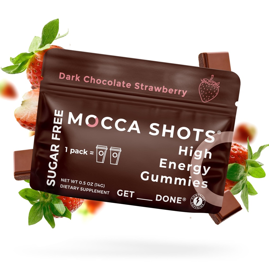 SGC Υψηλότερη συγκέντρωση 100mg καφεΐνη ανά Gummy, 2 Gummies ανά πακέτο, 6-Pack Mocca Shots Sugar-Free Strawberry Plant-Based nootropic Instant Energy with Ginkgo biloba, Theobromine.