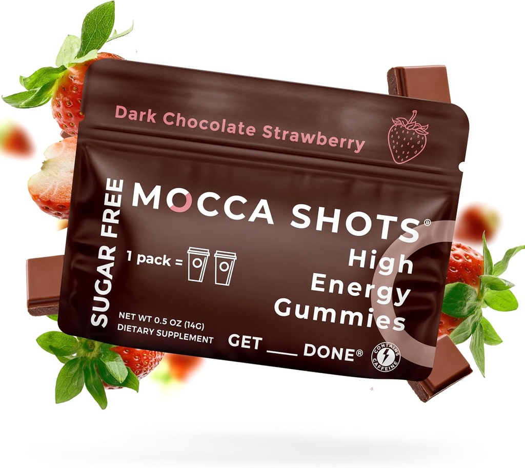 SGC, Ginkgo biloba ile 100 mg Caffeine, Paket başına 2 Gummies, 6-Pack Mocca Shots Sugar-Free Strawberry Plant-Based nootropic Instant Energy with Ginkgo biloba, Theobromine.