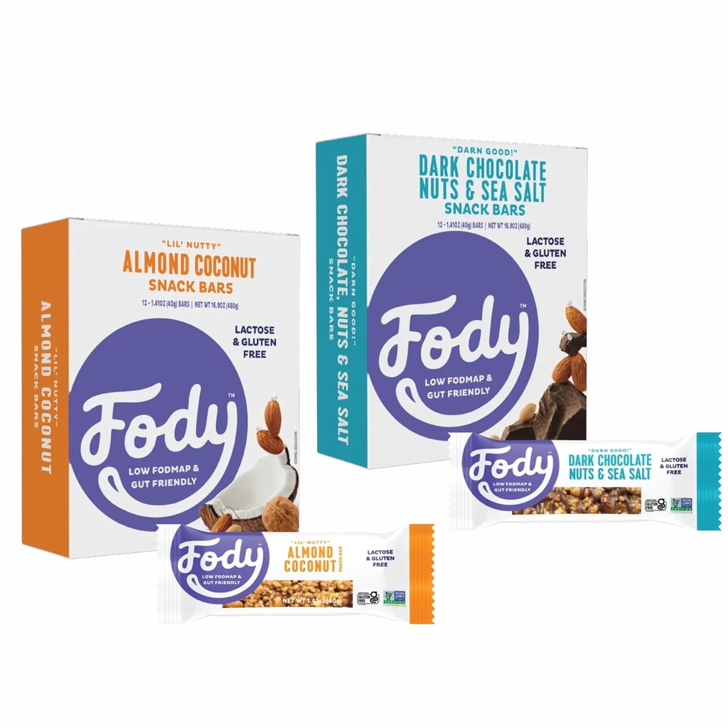Fody Foods Snack Bars Diversity Pack, 1.41 Oz (24'ün paketi), Almond Coconut & Dark Chocolate Nuts & Sea Salt, Protein Bars, Low FSUNAP, Gut & IBS Friendly, Vegan, Lactose Free, Non-GMO, Gluten Free, Non-GMO, Gluten Free, Non-GMO, Gluten Free, Non-GMO, Gluten Free