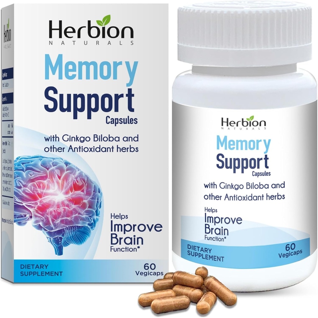 HERBION Naturals Κάψουλες υποστήριξης μνήμης, βοηθά στη βελτίωση της λειτουργίας του εγκεφάλου & απών μυαλό, διατηρεί υγιή επίπεδα διάθεσης με Ginkgo Biloba, για ενήλικες, 60 κόμης, πακέτο του 1