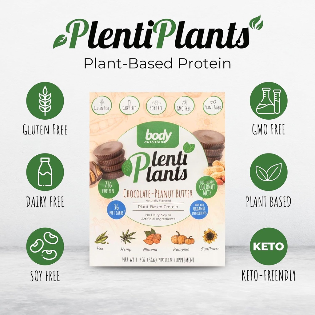 Vücut Beslenme PlentiPlants Plant Temel Protein Toz, Soy veya Yapay Malzemeler olmadan Sütsiz Protein, Doğal Lezzetli Organik Bitki Protein Shake, Chocolate Peanut Butter, 38 g