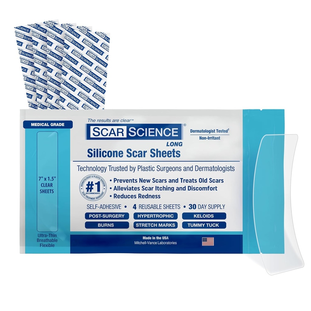 Tıbbi Grade Silikon Scar Sheets - 7" Scars için Reusable Water-Resistant Silikon Bantı - C-Section, Tummy Tuck, Cerrahi Yaralar ve Keloidler - 4-Pack